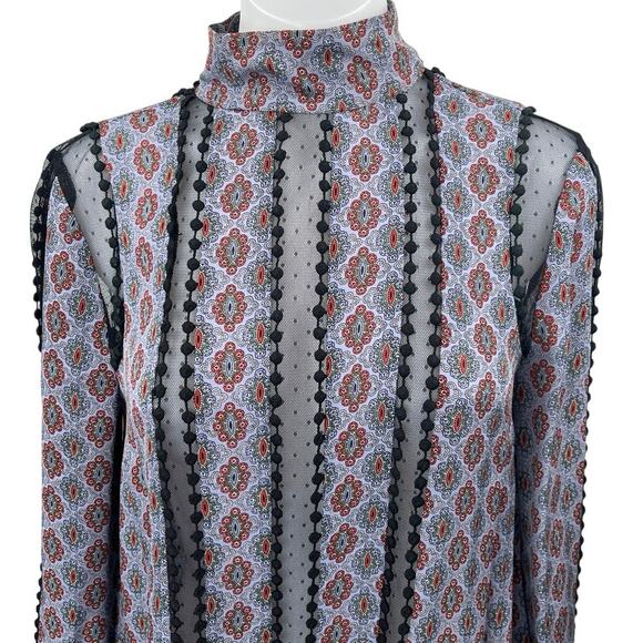 Cinq A Sept Multicolor 100% Silk Satin Floral Mesh Long Sleeve Blouse Top Size S - Picture 3 of 5
